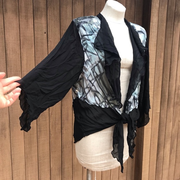 Vintage 80s Sheer Open Blouse Top Abstract Print L - Picture 4 of 11